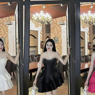 Đầm thời trang nữ sang chảnh đi chơi đi tiệc chất tapta áo cúp ngực đính cườm dáng váy xếp tầng chữ A dài mini