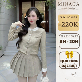  Set Váy Dạ Tweed MINACA Phối Chân Váy Xếp Ly Dài Tay Thời Trang Tiểu Thư Sang Trọng Dự Tiệc S91 