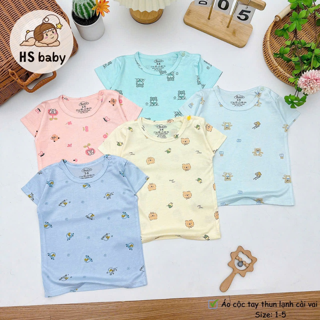 Combo 5 áo cộc cài vai thun lạnh họa tiết nền màu cho bé trai,bé gái từ 5-13kg