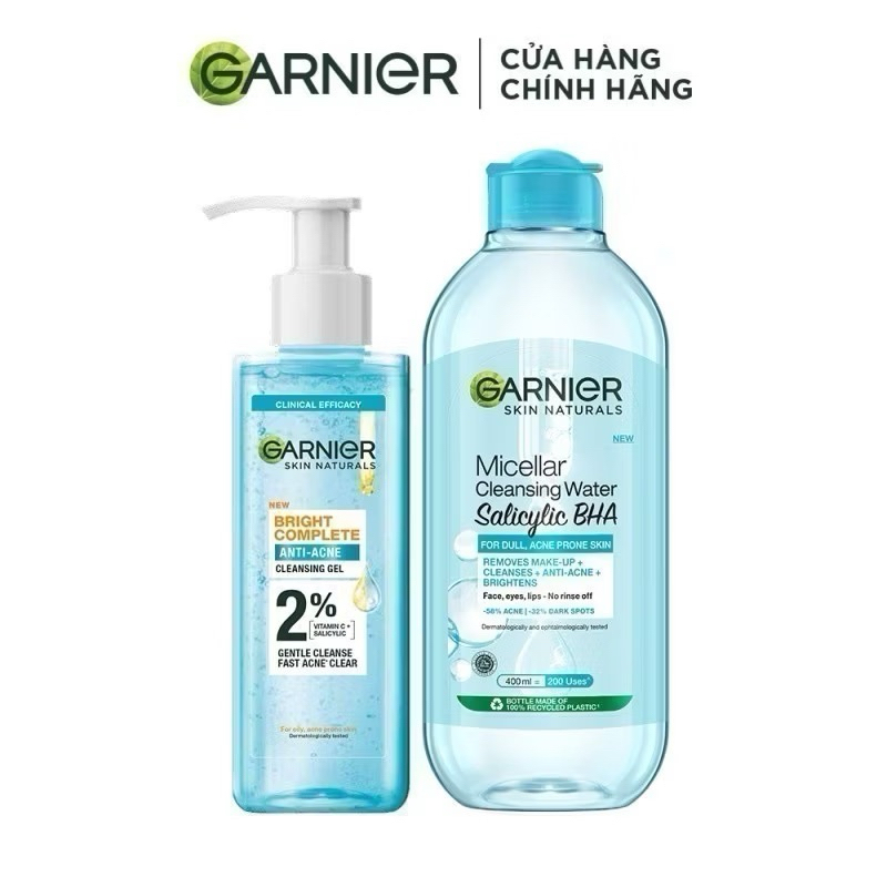 Bộ đôi Gel rửa mặt dịu nhẹ 2% [BHA, Vitamin C] & Nước tẩy trang BHA Garnier Bright Complete Anti-Acn