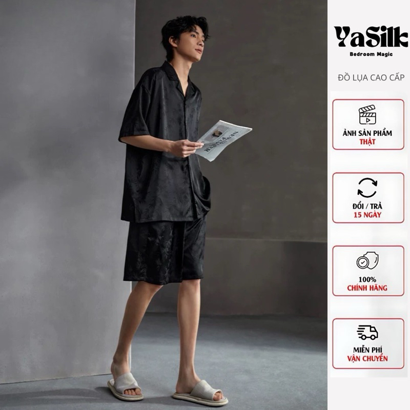 Bộ Đồ Ngủ Nam YaSilk Lụa Băng Cao Cấp Bộ Mặc Nhà Nam Ngắn Tay Mùa Hè Siêu Mát Lụa Cao Cấp Màu Đen In