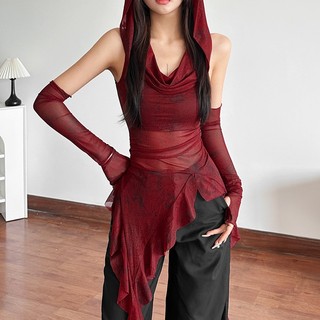  Áo thun kiểu lưới nữ Tay rời Có mũ trùm Cổ đổ Tua rua Ôm body Áo lưới kiểu nữ Phối bèo body Có mũ trùm Phối tay rời 