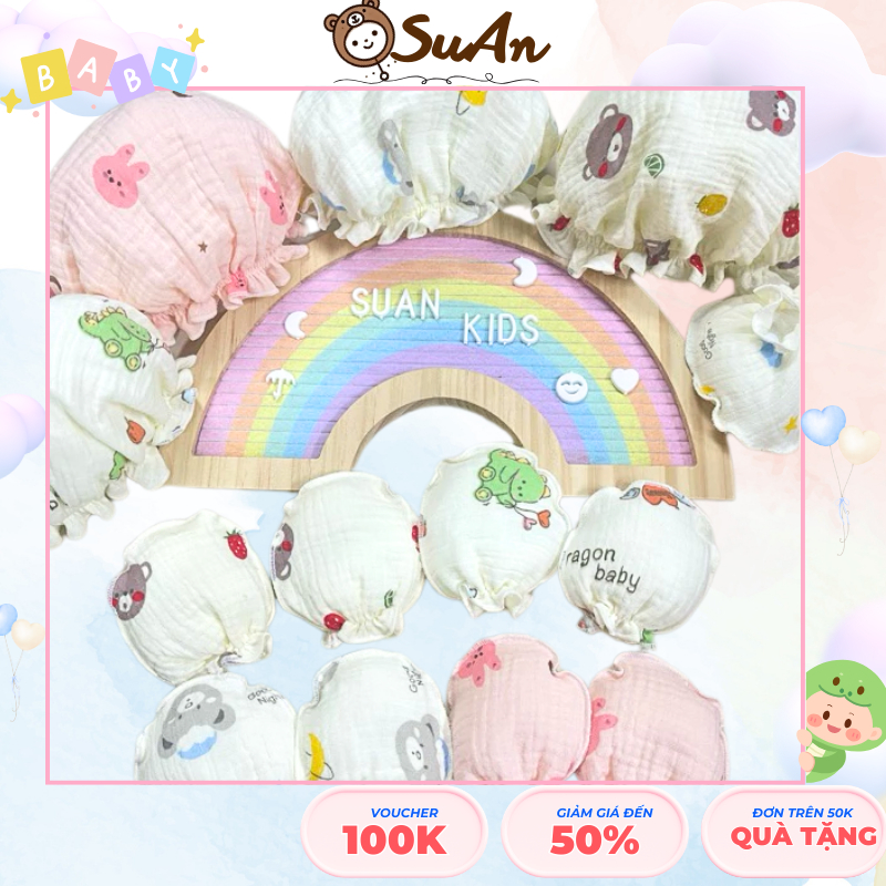 Set Bao Tay Bao Chân Sơ Sinh – Vải Xô Muslin Mềm Mại, Chun Co Giãn Tốt – SuAn Kids