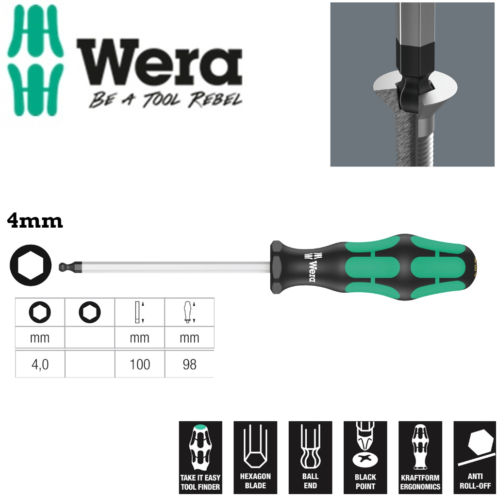 Tua vít lục giác đầu bi 4mm Wera 05022810001 352 4,0 x 100 mm (Ball end screwdriver) dài 100mm