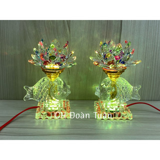 Cặp đèn bàn thờ pha lê hoa sen đổi màu cao 18cm - Thân pha lê cá