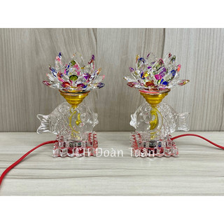Cặp đèn bàn thờ pha lê hoa sen đổi màu cao 18cm - Thân pha lê cá