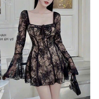  *Đầm thiết kế thời trang nữ đi chơi chất ren cổ vuông tay dài loe ôm eo dáng váy xoè dài mini siêu xinh 