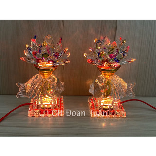 Cặp đèn bàn thờ pha lê hoa sen đổi màu cao 18cm - Thân pha lê cá