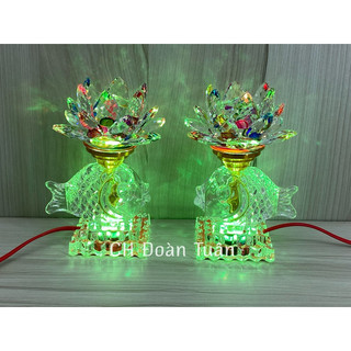 Cặp đèn bàn thờ pha lê hoa sen đổi màu cao 18cm - Thân pha lê cá