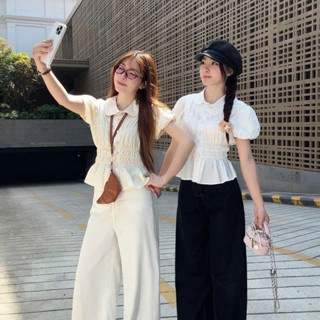 Áo Sơ Mi Cổ Sen Tay Bồng Nhún Eo Mùa Hè Năng Động Cho Nữ