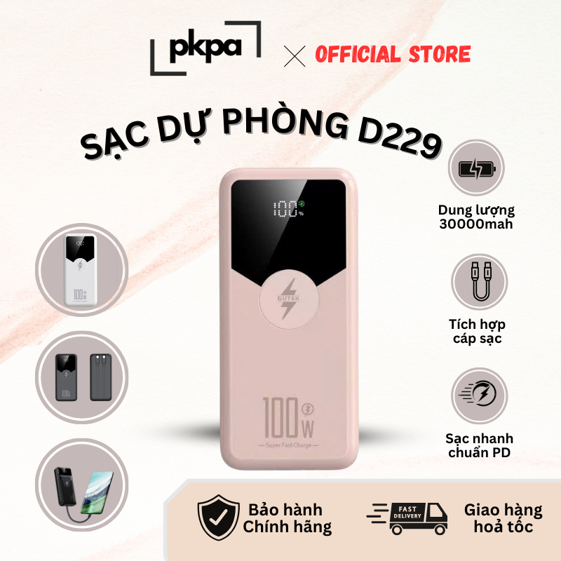 Sạc Dự Phòng D229 Cao Cấp, Dung lượng 30000mah, Tích Hợp Dây Sạc, Thích Hợp Mọi Loại Máy Điện Thoại,Bảo Hành 6 Tháng,PBC | BigBuy360 - bigbuy360.vn