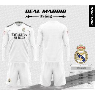 Bộ quần áo bóng đá tay dài CLB Real Madrid trắng sân nhà logo thêu chất thun lạnh cao cấp A9