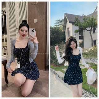  Đầm váy nữ thiết kế,set đầm 2 dây họa tiết hoa nhí viền ren chất tăm có quần kèm khoác ngoài đáng iu cho nàng chụp ảnh 