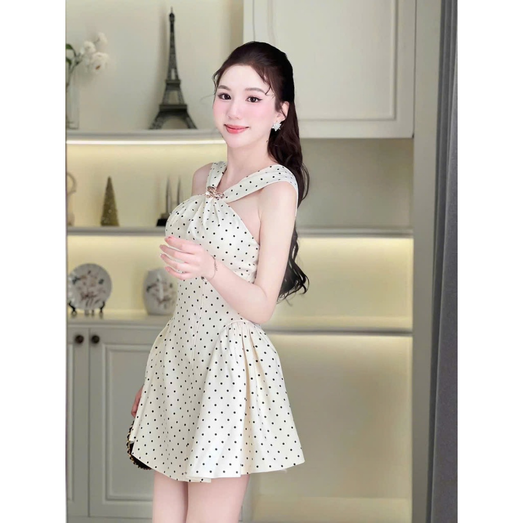 Đầm váy ngắn - Đầm mango thời trang nữ đơn giản thanh lịch thiết kế đầm chấm bi hai dây chéo có mút 