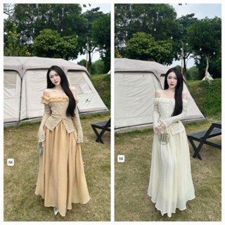  Set váy nữ dáng dài thời trang set áo trễ vai tay dài viền bèo chất ren phối thun mix váy tơ có lót 2 tone màu cưc xinh 