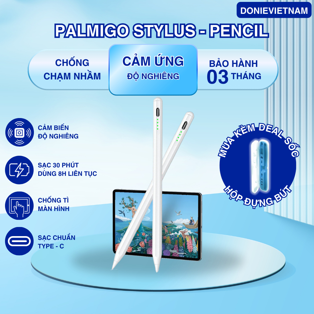 Bút cảm ứng iPad Palmigo Stylus Có Sạc Type-C Cảm biến độ nghiêng, hỗ trợ chống chạm nhầm B01