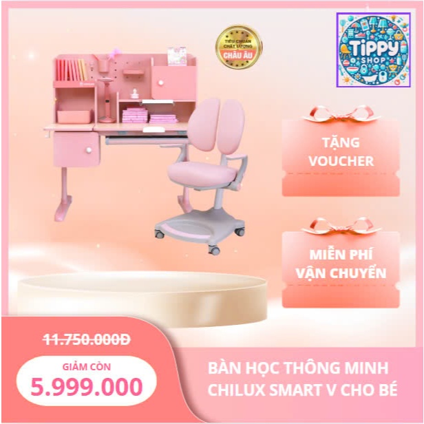 Bàn học cho bé thông minh Chilux Smart V ( Dài 1.2m) cao cấp, chống gù, chống cận, đồng hồ báo giờ.