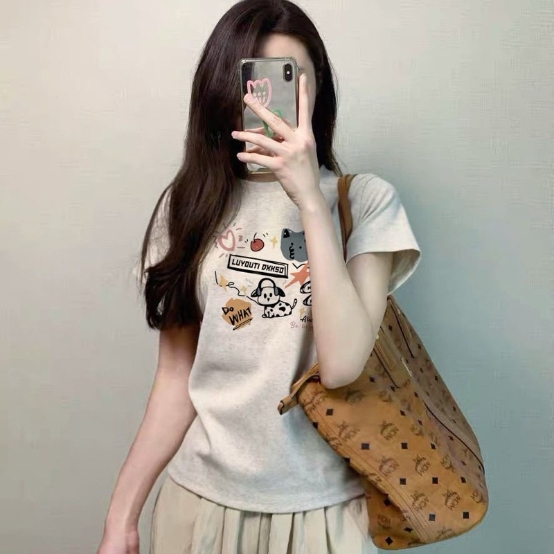 Áo Babybtee Kiểu Thun Nữ Cổ Tròn Xám Tiêu In Hình Dễ Thương | BigBuy360 - bigbuy360.vn