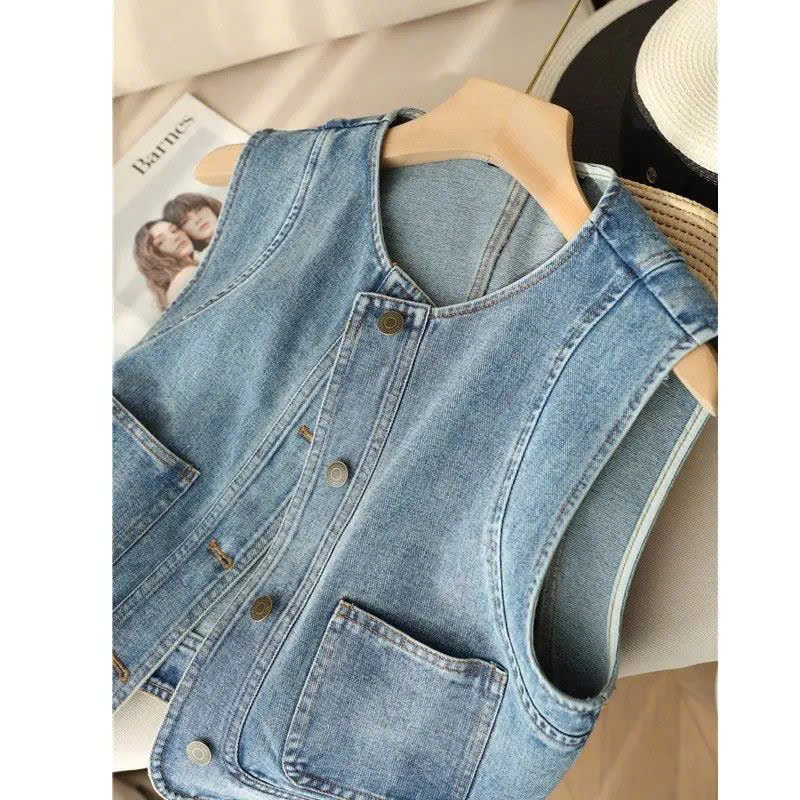 【Sẵn+Có ảnh& video 】 Áo gile denim nữ ,áo gile bò nữ màu xanh sáng cổ tròn cúc nâu ,kiểu cổ điển ret