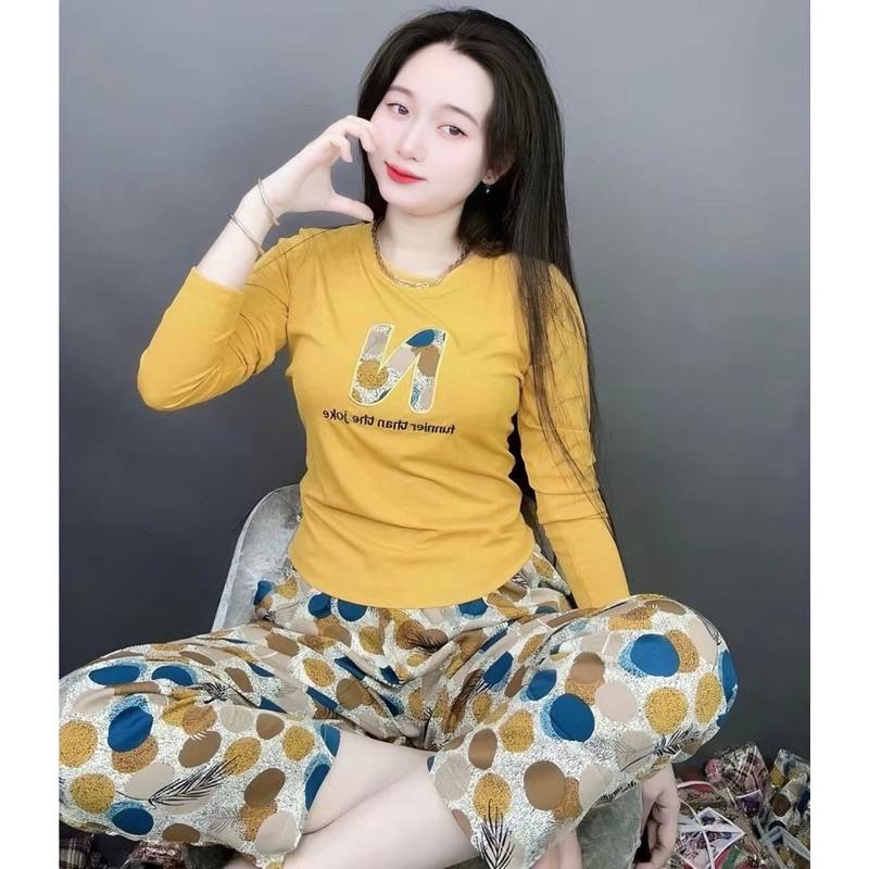  Đồ Bộ Tay Dài Quân Baggy Đô bộ nữ Thêu. Áo tăm lạnh quần mango mặc nhà mềm mát size từ 47-75kg 