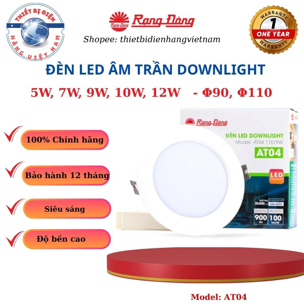 Đèn LED âm trần Rạng Đông, đèn mắt trâu downlight 5w,7w,9w,12w khoét lỗ trần 90, 110 MODEL: AT04