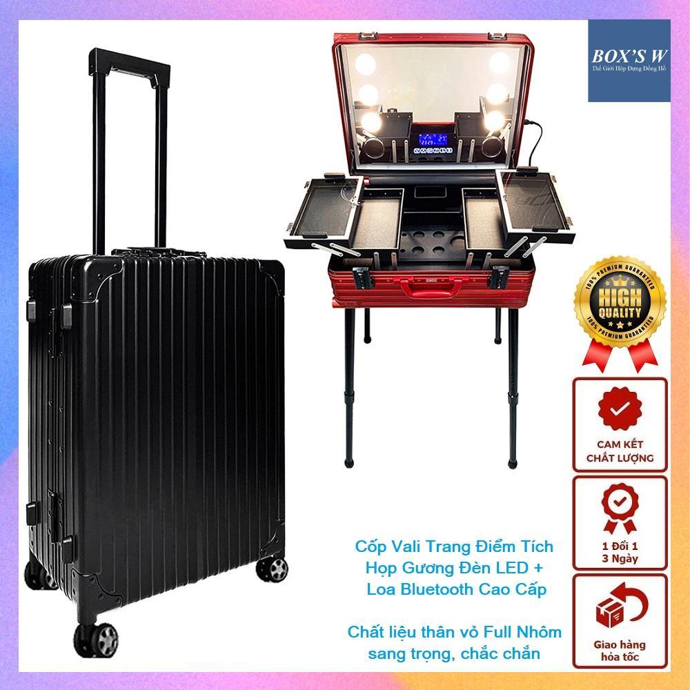 Cốp Trang Điểm Full Nhôm Có Gương Đèn LED + Loa Bluetooth Cao Cấp - Vali Make Up Tích Hợp 4 Chân Và 