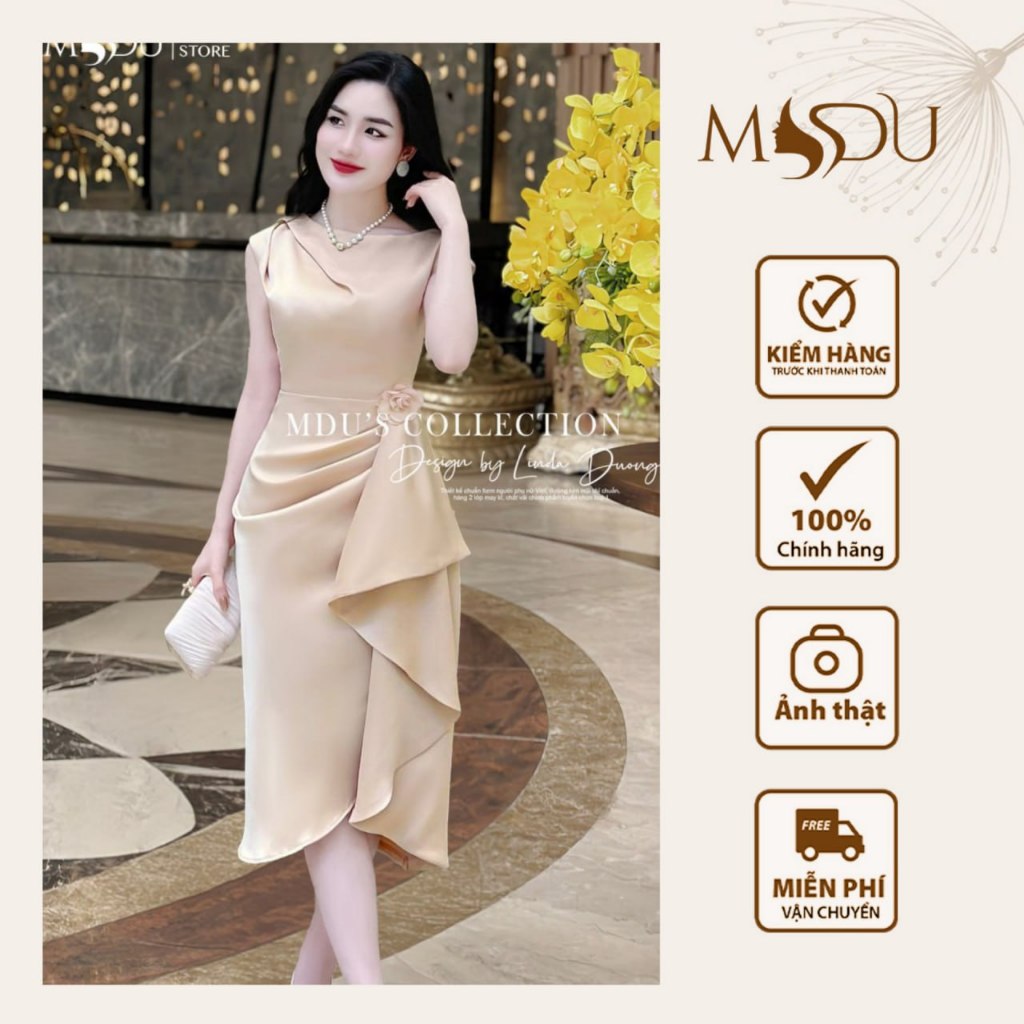 Váy Twist Satin MDU3609 Sang Trọng Hoa Đính Rời Dáng Chữ A Từ MDU K44-D2-3