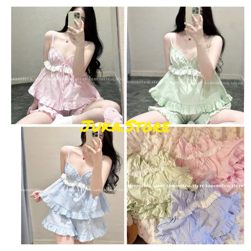 Bộ ngủ hai dây dễ thương phối ren bèo tiểu thư Juka.Store