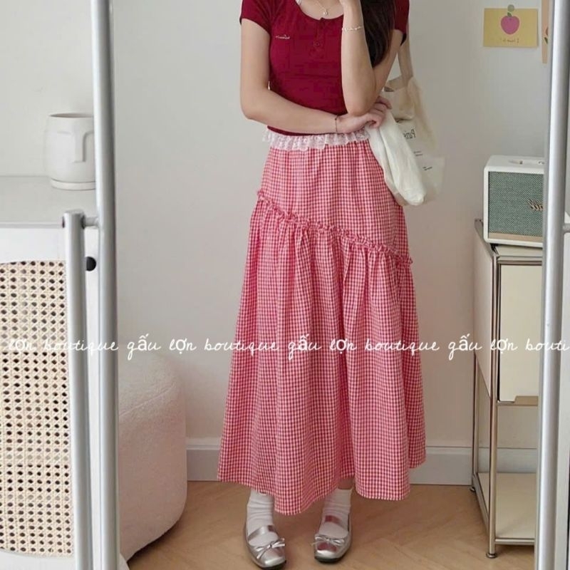 chân váy midi bèo nhún kẻ caro dáng dài ulzzang | BigBuy360 - bigbuy360.vn
