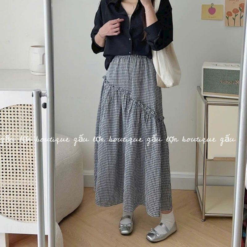 chân váy midi bèo nhún kẻ caro dáng dài ulzzang | BigBuy360 - bigbuy360.vn