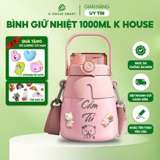 Bình nước giữ nhiệt lõi inox 316 đi học 1000ml kiểu mới sơn bóng dễ thương 2 ống hút cute nhiều sticker K-House Smart