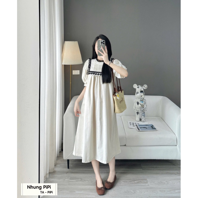 [Minn.Studio] Váy babydoll chất Linen,Váy thiết kế cổ mix Ren sang chảnh