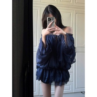  SET ÁO VOAN BABY DOLL XANH ĐEN TRỄ VAI BÈO THẮT DÂY NƠ TAY PHỒNG BO CHUN EO XÒE + KÈM QUẦN SHORT  TH  