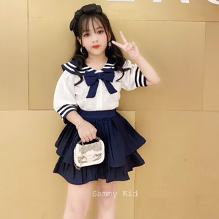  Set Thuỷ thủ Sơmi Nơ tay lỡ Quần váy xoè Tầng xếp ly cho bé gái size đại 16-40kg nhẹ nhàng nữ tính 