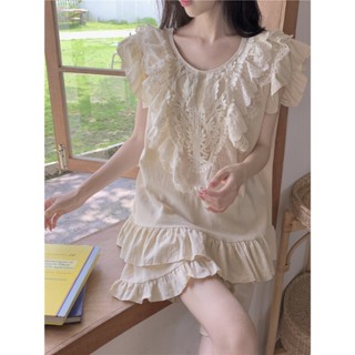 Set pijama cộc tay cánh tiên hai màu xanh trắng cổ ren bèo công chúa - L0129 cotton đũi Nữ