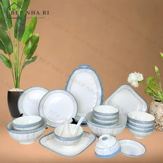   BẾP NHÀ RI  Bộ Bát Đĩa Họa Tiết Viền Xanh Gốm Sứ Ceramic Cao Cấp DECOR trang trí bàn ăn quà tặng ý nghĩa sang trọng 