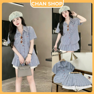  Sét Áo Sơ Mi Tay Ngắn Cúc Đỏ Mix Chân Váy Xếp Li Phối Ren Kèm Quần Trong | CHAN SHOP 