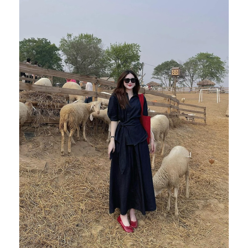 [𝐓𝐡𝐞̂𝐦 𝐦𝐚̀𝐮] Set thiết kế Shi Shang, áo sơ mi buộc nơ eo phối chân váy xoè có Bigsize | BigBuy360 - bigbuy360.vn