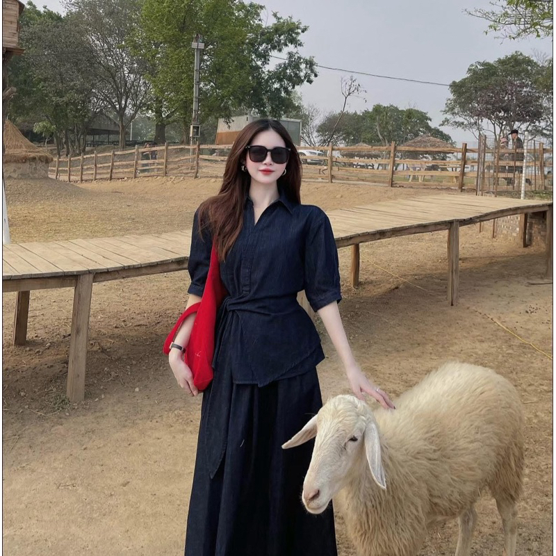 [𝐓𝐡𝐞̂𝐦 𝐦𝐚̀𝐮] Set thiết kế Shi Shang, áo sơ mi buộc nơ eo phối chân váy xoè có Bigsize | BigBuy360 - bigbuy360.vn