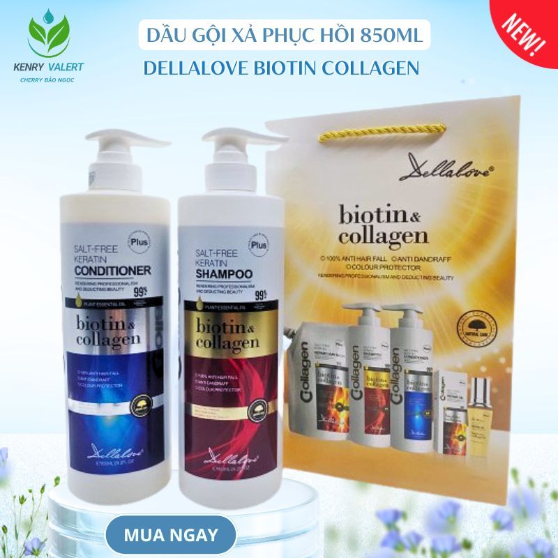 Dầu Gội Xả DELLALOVE BIOTIN & COLLAGEN KERRATIN 850ml Phục Hồi Tóc Hư tổn
