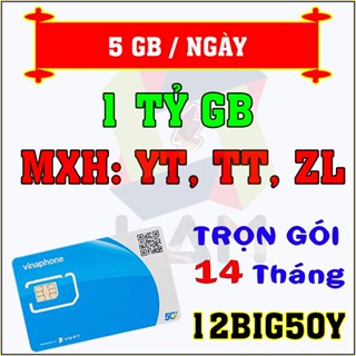 Sim 4G 5G Vinaphone U1500 BIG50Y, Fhappy, 12TD49, D89Y, D500 (Có eSIM) Miễn Phí 1 Năm Không Nạp Tiền