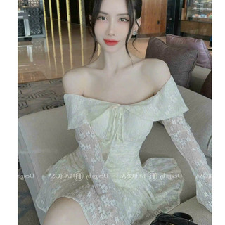  *Đầm thiết kế thời trang nữ dự tiệc chất ren có mút cổ trễ vai tay dài ôm eo dáng váy xoè dài mini siêu xinh 
