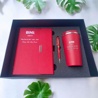 Giftset QUÀ TẶNG Sổ Tay Gập Ba + Ly Giữ Nhiệt + Bút ký in khắc tên nội dung, logo
