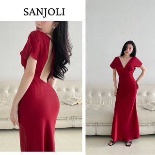 Váy Lụa Dáng Dài Cổ V Tay Dơi Hở Lưng Cao Cấp  SANJOLI Váy Hở Lưng Lụa Dáng Dai Cổ V Tay Dơi Sang Chảnh VD016