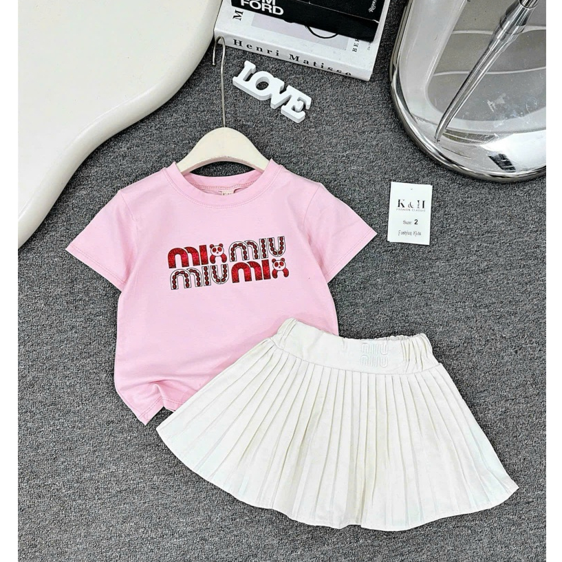 Đồ bộ bé gái,  Váy đẹp cho bé gái, set bộ mix áo cotton phối chân váy đũi mềm 2 lớp 1 tuổi đến 8 tuổ