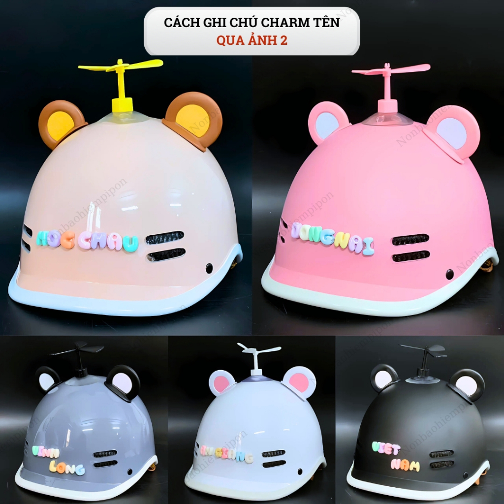 [FULL SIZE] Nón bảo hiểm trẻ em và người lớn dáng cá heo gắn phụ kiện tai gấu, charm chữ hottrend chính hãng Long Thanh