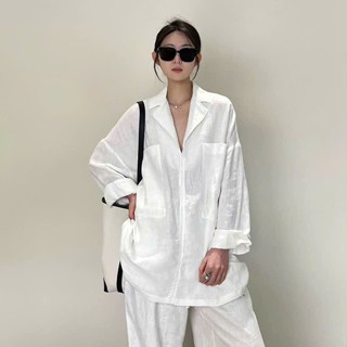 Áo sơ mi nữ form rộng dáng dài cổ Vest - Linen tưng gân mềm mại, trẻ trung, dễ phối đồ