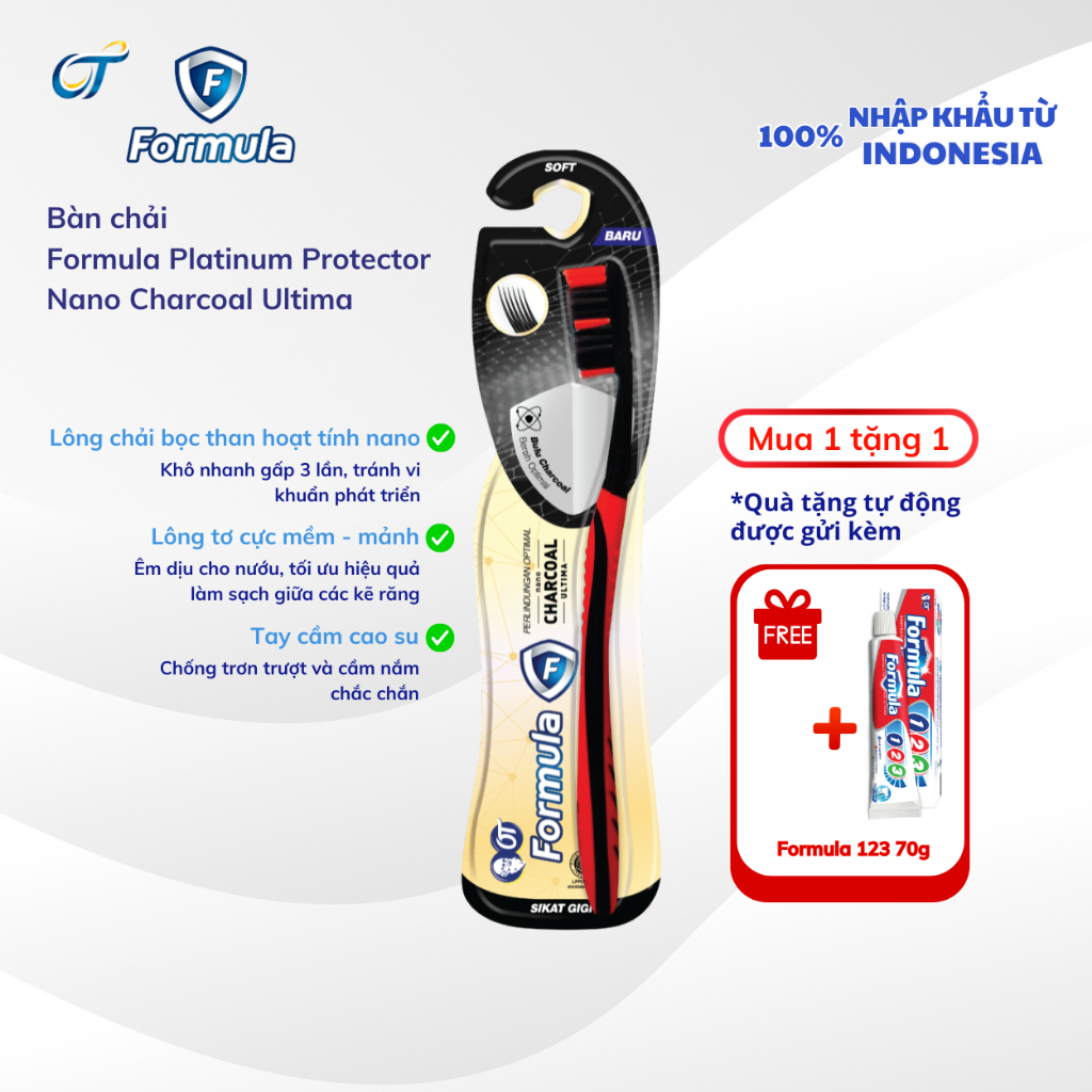 MUA 1 TẶNG 1 KĐR _ Bàn chải Formula Platinum Protector Nano Charcoal Ultima trắng răng đầu lông bọc 