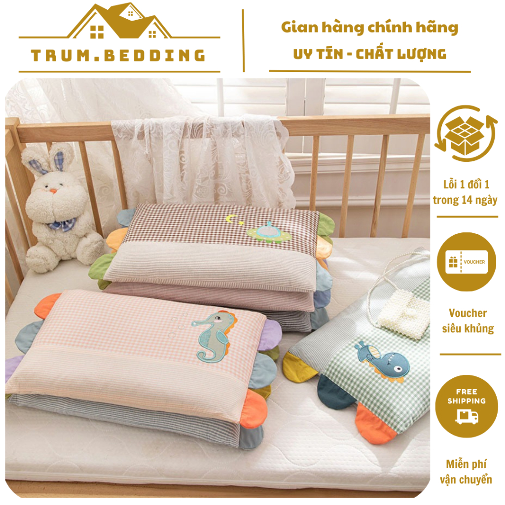 Gối Cho Bé Trum.Bedding Vỏ Cotton Ruột Bông Rãnh Massager Mềm Mại Mang Đi Học Mầm Non 30x50cm