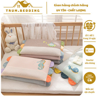 Gối Cho Bé Trum.Bedding Vỏ Cotton Ruột Bông Rãnh Massager Mềm Mại Mang Đi Học Mầm Non 30x50cm